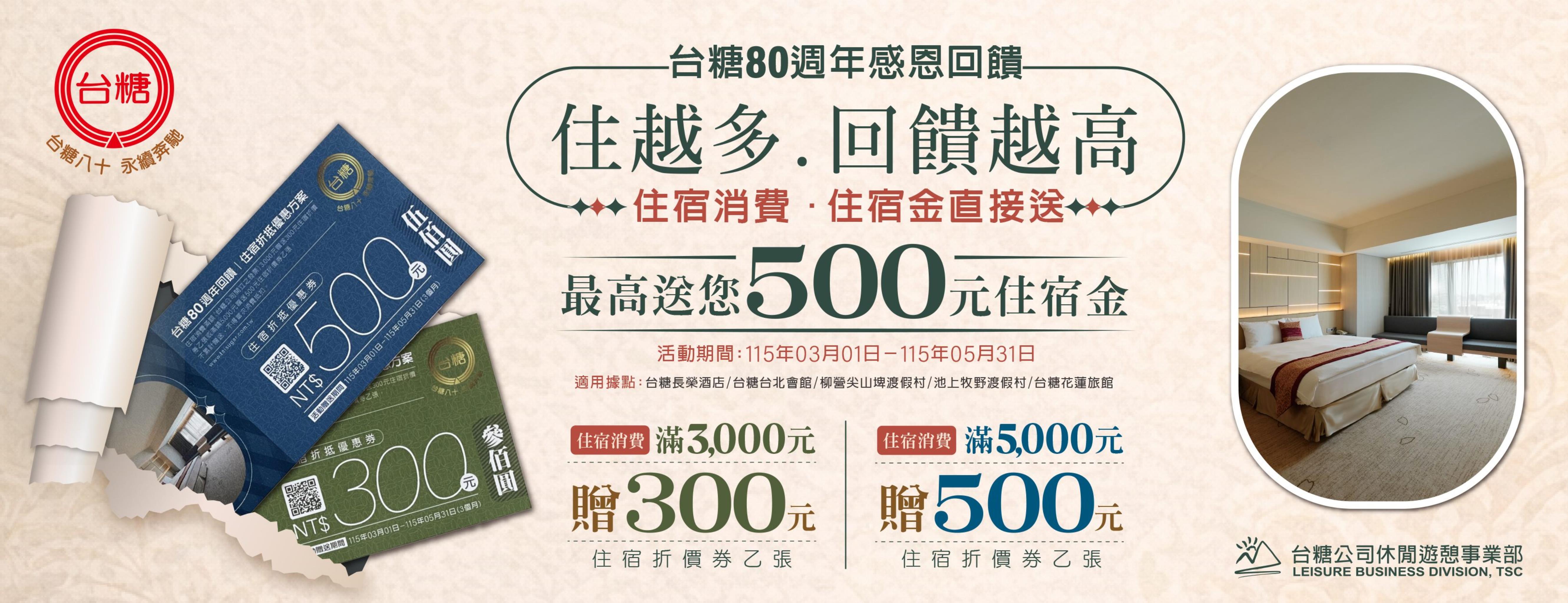 「台糖80回饋住宿折抵優惠方案」115/03/01~115/05/31(3個月)